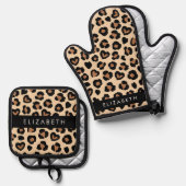 Dierenprint, Bruin Luipaard, Harten, Jouw naam Ovenwant & Pannenlap Set (Voorkant / Achterkant)