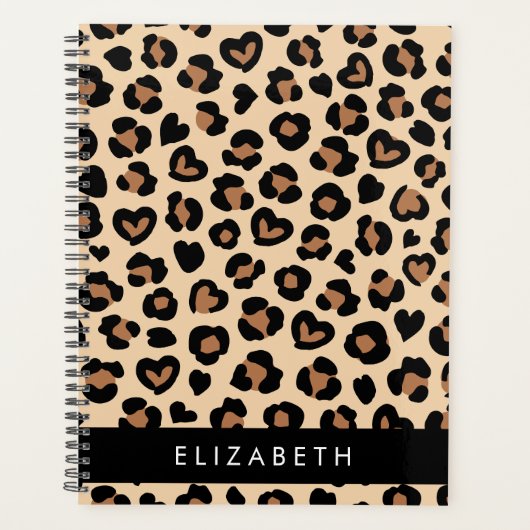 Dierenprint, Bruin Luipaard, Harten, Jouw naam Planner (Voorkant)