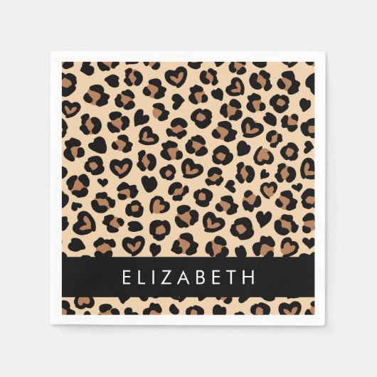 Dierenprint, Bruin Luipaard, Harten, Jouw naam Servet (Voorkant)