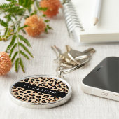 Dierenprint, Bruin Luipaard, Harten, Jouw naam Sleutelhanger (Zijkant)