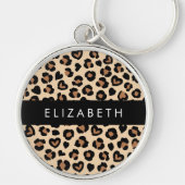 Dierenprint, Bruin Luipaard, Harten, Jouw naam Sleutelhanger (Voorkant)