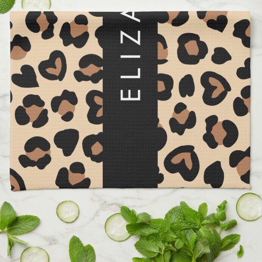 Dierenprint, Bruin Luipaard, Harten, Jouw naam Theedoek (Gevouwen)