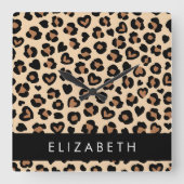 Dierenprint, Bruin Luipaard, Harten, Jouw naam Vierkante Klok (Voorkant)