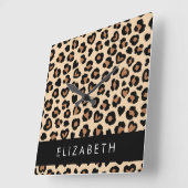 Dierenprint, Bruin Luipaard, Harten, Jouw naam Vierkante Klok (Hoek)