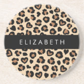 Dierenprint, Bruin Luipaard, Harten, Jouw naam Zandsteen Onderzetter (Voorkant)