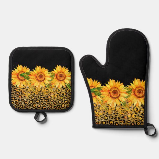 Dierenprint glitter en zonnebloemen ovenwant & pannenlap set (Voorkant)