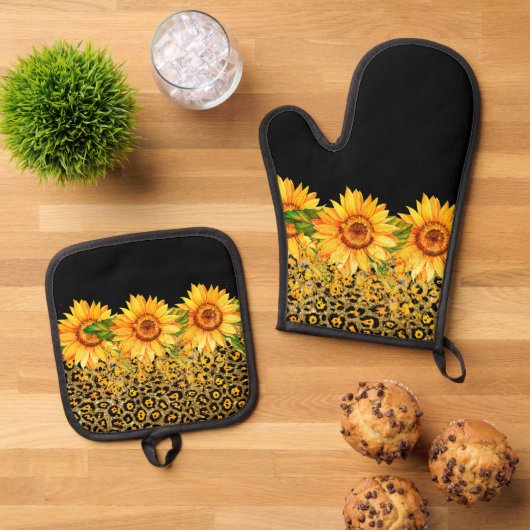 Dierenprint glitter en zonnebloemen ovenwant & pannenlap set (Top down)