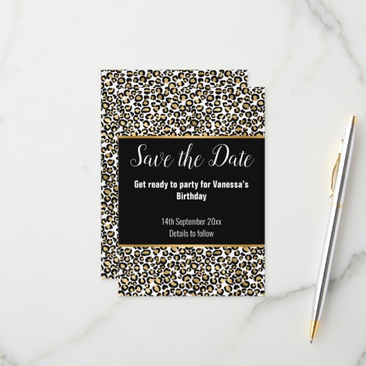 DIERENPRINT GOUD GLITTER SAVE THE DATE RSVP KAARTJE (Voorkant / Achterkant in situ)