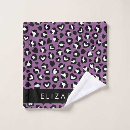 Dierenprint, Paarse luipaard, harten, Jouw naam Bad Handdoek (Wasdoekje)