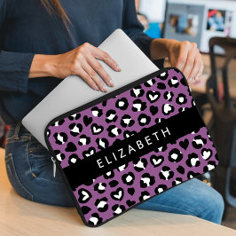 Dierenprint, Paarse luipaard, harten, Jouw naam Laptop Sleeve