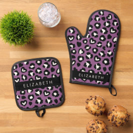 Dierenprint, Paarse luipaard, harten, Jouw naam Ovenwant & Pannenlap Set