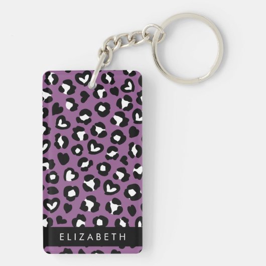 Dierenprint, Paarse luipaard, harten, Jouw naam Sleutelhanger (achterkant)