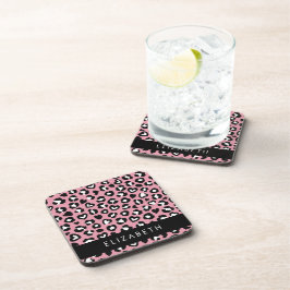 Dierenprint, roze luipaard, harten, Jouw naam Bier Onderzetter