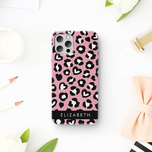 Dierenprint, roze luipaard, harten, Jouw naam Case-Mate iPhone Case