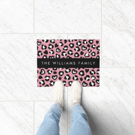 Dierenprint, roze luipaard, harten, Jouw naam Deurmat