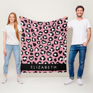 Dierenprint, roze luipaard, harten, Jouw naam Fleece Deken