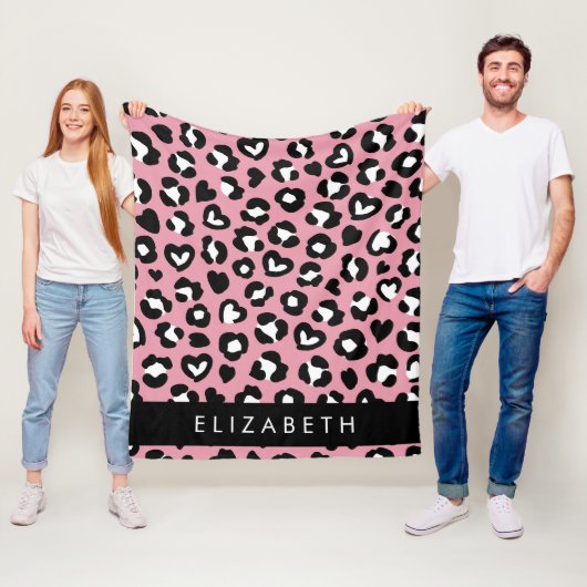 Dierenprint, roze luipaard, harten, Jouw naam Fleece Deken (In situ)