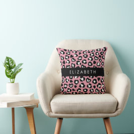 Dierenprint, roze luipaard, harten, Jouw naam Kussen