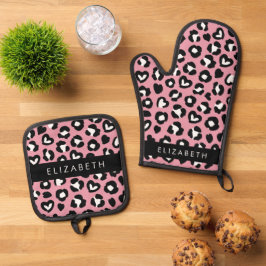 Dierenprint, roze luipaard, harten, Jouw naam Ovenwant & Pannenlap Set