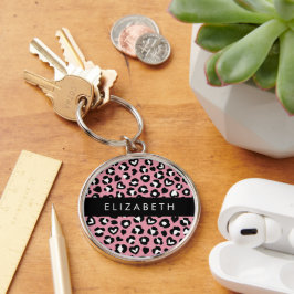 Dierenprint, roze luipaard, harten, Jouw naam Sleutelhanger