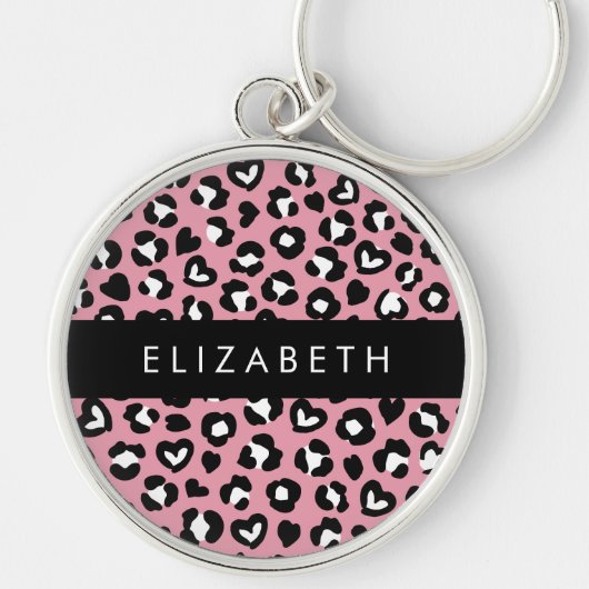 Dierenprint, roze luipaard, harten, Jouw naam Sleutelhanger (Voorkant)