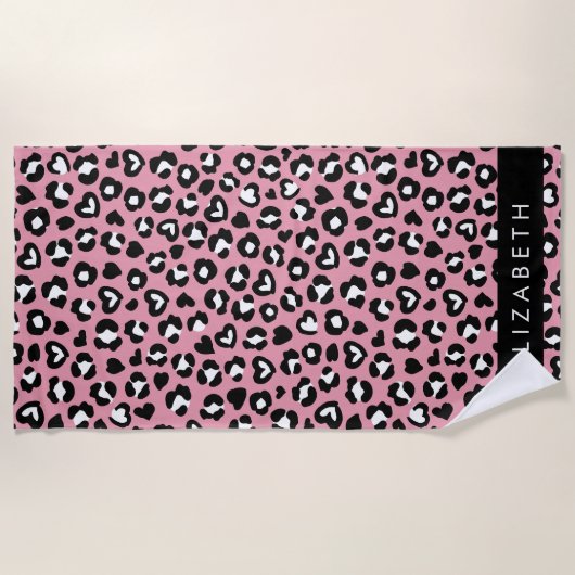 Dierenprint, roze luipaard, harten, Jouw naam Strandlaken (Voorkant)