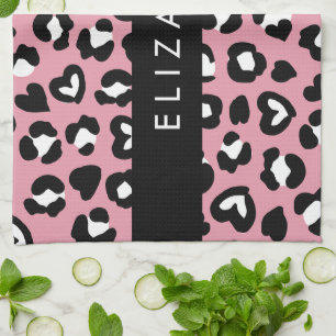 Dierenprint, roze luipaard, harten, Jouw naam Theedoek