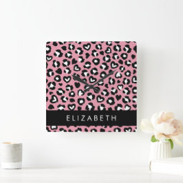 Dierenprint, roze luipaard, harten, Jouw naam Vierkante Klok