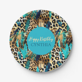 Dierenprint Safari Patroon Blauw en Goud Papieren Bordje