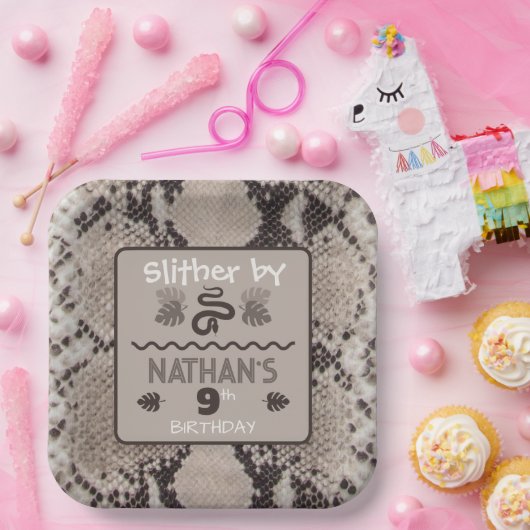 Dierenprint Snake Taupe Verjaardag Papieren Bordje (Feest)