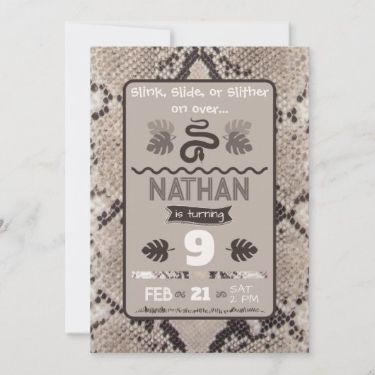 Dierenprint Snake Taupe verjaardagsuitnodiging Kaart (Voorkant)