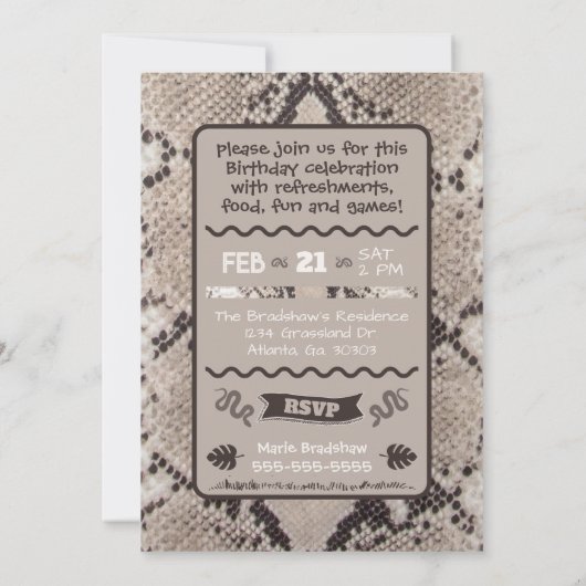 Dierenprint Snake Taupe verjaardagsuitnodiging Kaart (Achterkant)