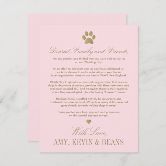 Dierenredding Donatie Roze Gouden Bruiloft Informatiekaartje (Voorkant / Achterkant)