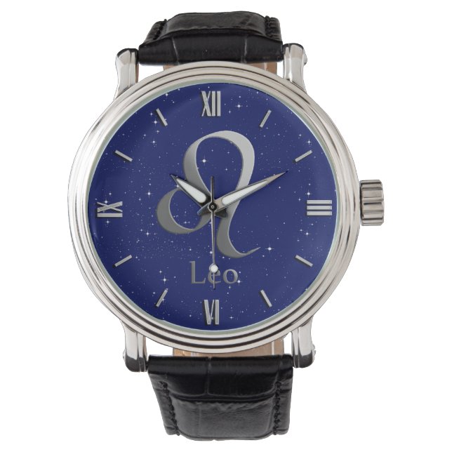 Dierenriem Symbool voor Leeuw op Deep Midnight Blu Horloge (Voorkant)