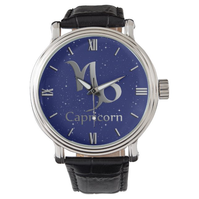 Dierenriem Symbool voor Steenbok op Deep Midnight  Horloge (Voorkant)