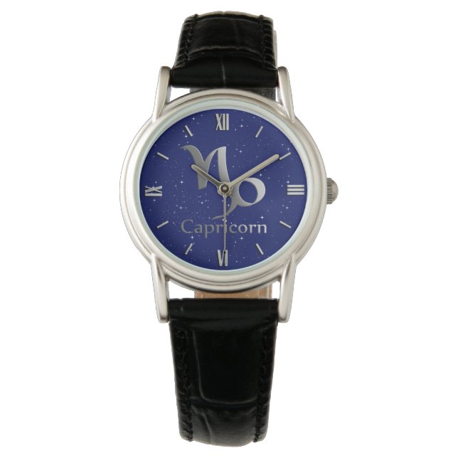Dierenriem Symbool voor Steenbok op Deep Midnight  Horloge (Voorkant)