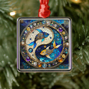Dierenriem - Vissen Yin en Yang Metalen Ornament
