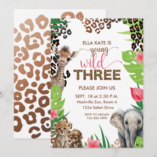 Dierensafari Derde Verjaardag Jong Wild en Drie Kaart (Voorkant / Achterkant)