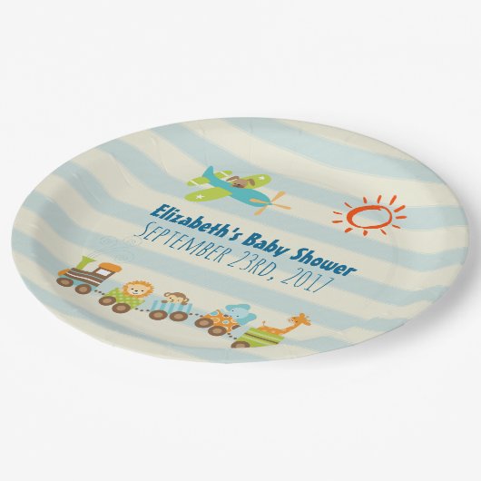 Dierentrein en Baby shower van vliegtuigjongen Papieren Bordje (Gekanteld)