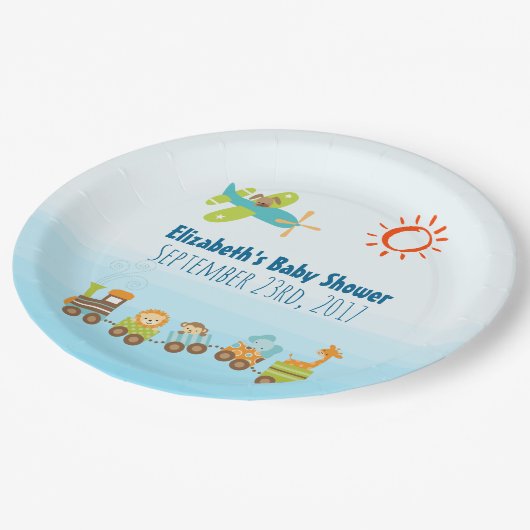 Dierentrein en Baby shower van vliegtuigjongen Papieren Bordje (Gekanteld)