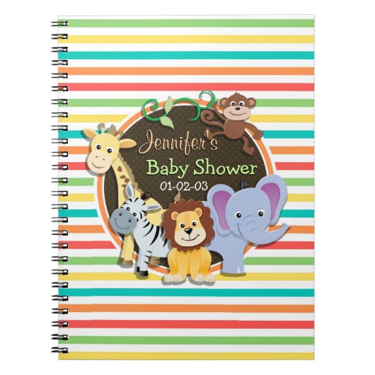 Dierentuin Baby shower, heldere regenboogstrepen Notitieboek (Voorkant)