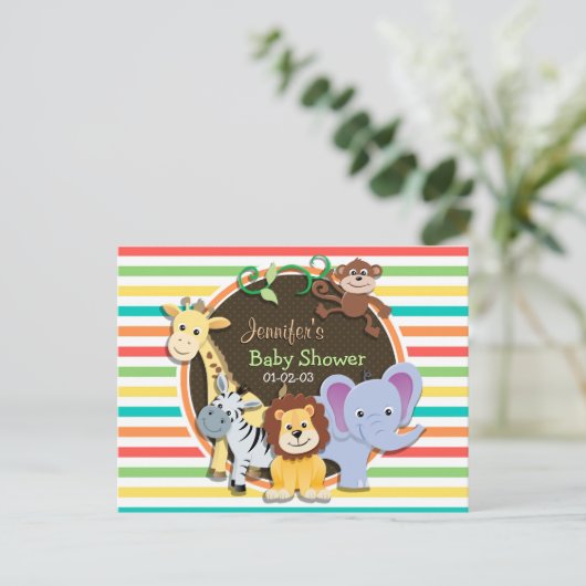 Dierentuin Baby shower, heldere regenboogstrepen Uitnodiging Briefkaart (Staand voorkant)