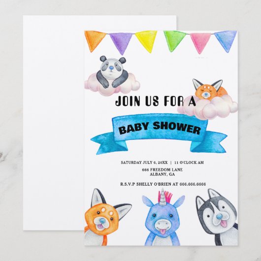 Dierentuin Thema Baby Shower Met Pasgeboren Dieren Kaart (Voorkant / Achterkant)