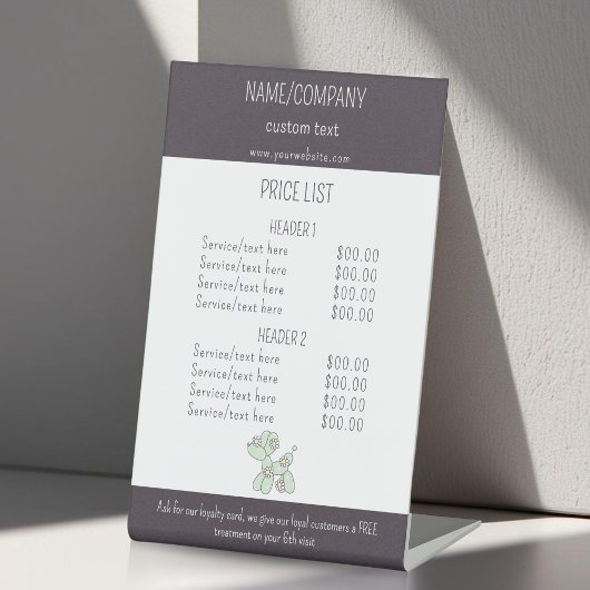 Dierenverzorging ballon hond service prijslijst reclamebord met voetstuk