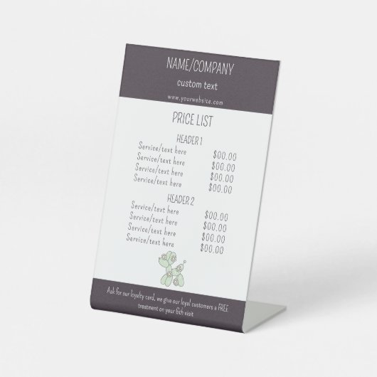 Dierenverzorging ballon hond service prijslijst reclamebord met voetstuk (Voorkant)