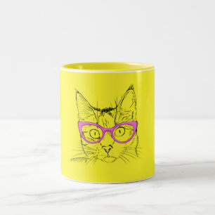 Dierenvriend   Cute Yellow Cat in roze glazen Tweekleurige Koffiemok