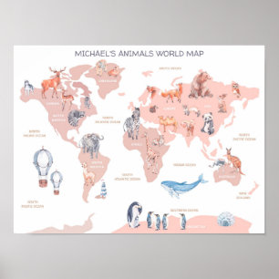 Dierenwereldkaart, Kinderkamer Muurdecoratie Poster