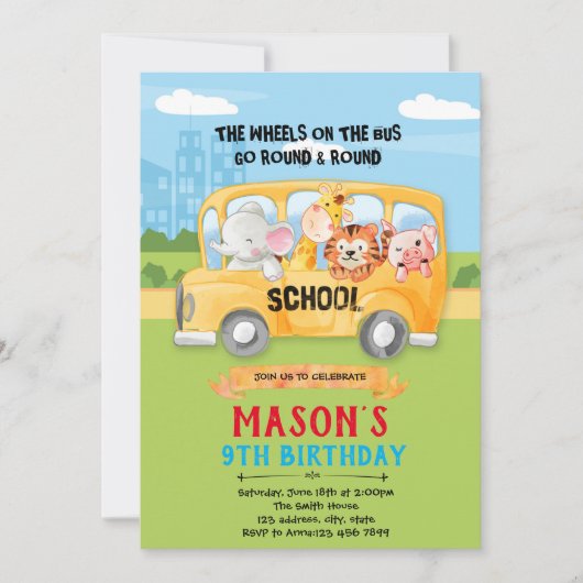 Dierenwiel op busuitnodiging bedankkaart (Voorkant)