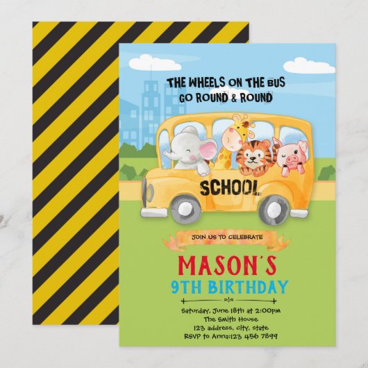 Dierenwiel op busuitnodiging bedankkaart (Voorkant / Achterkant)