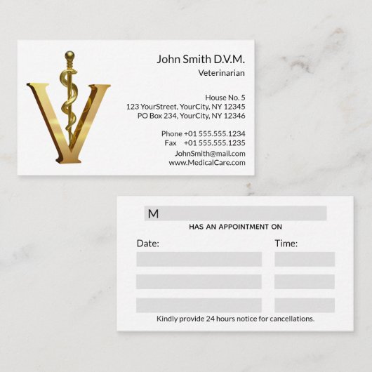 Diergeneeskunde Asclepius Vet Gold V Elegant Afsprakenkaartje (Voorkant / Achterkant)